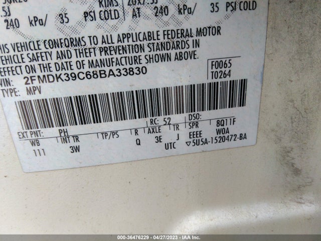 2008 FORD EDGE LIMITED VIN: 2FMDK39C68BA33830