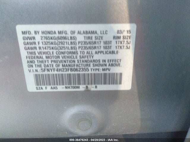 Honda PILOT LX 2015 5FNYF4H23FB062355 Image 11