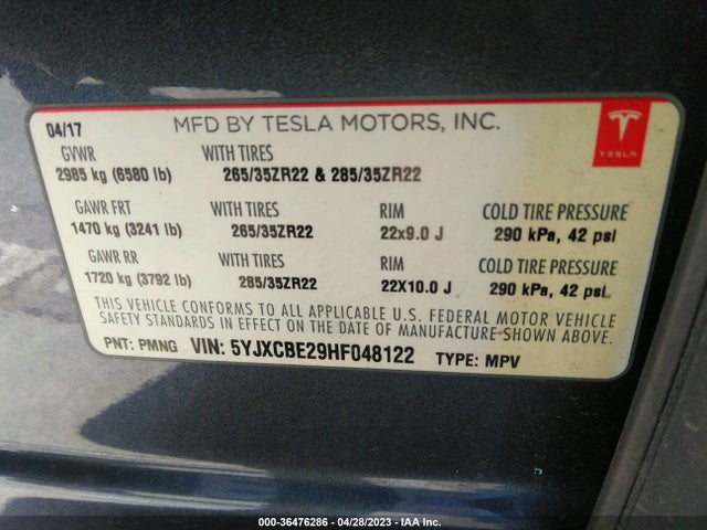 Tesla Model X 90d/75d/100d 2017 5YJXCBE29HF048122 Image 12