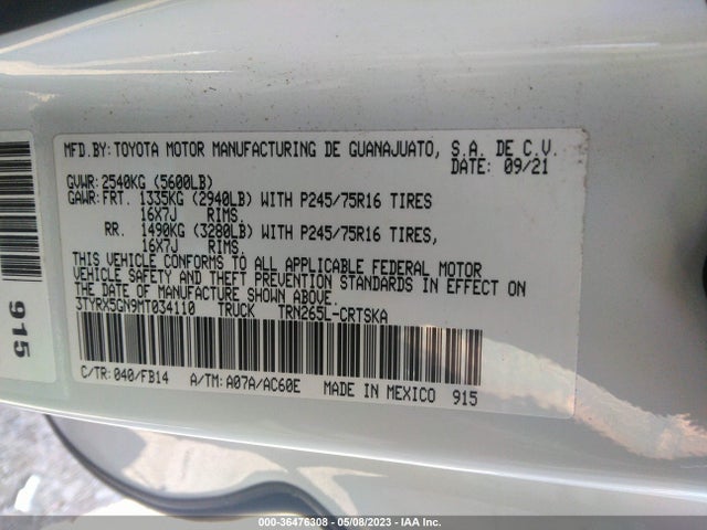 2021 TOYOTA TACOMA 2WD SR/SR5 VIN: 3TYRX5GN9MT034110