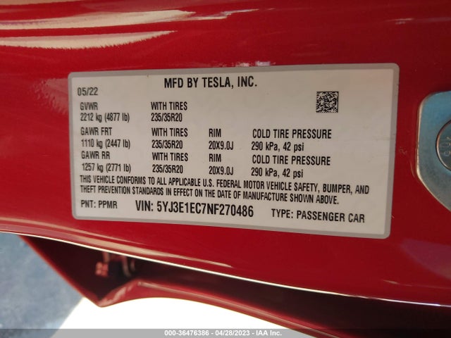 Tesla Model 3 Performance 2022 5YJ3E1EC7NF270486 Image 9