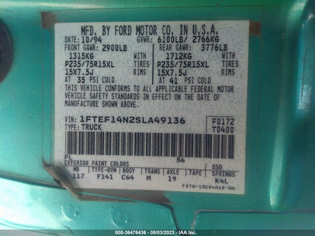 1995 FORD F150 VIN: 1FTEF14N2SLA49136