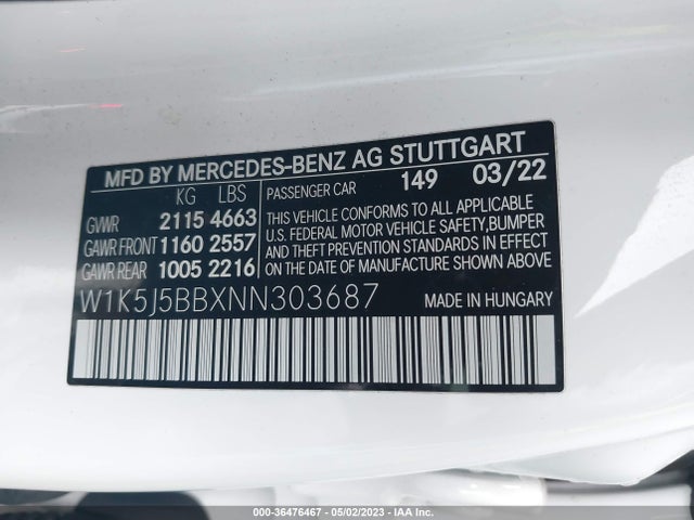 2022 Mercedes-Benz CLA-Class, VIN: W1K5J5BBXNN303687