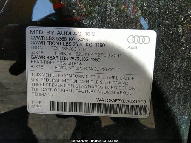2013 AUDI Q5 PREMIUM VIN: WA1CFAFPXDA031319