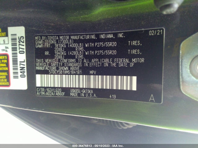 2021 Toyota Sequoia, VIN: 5TDCY5B1XMS184181