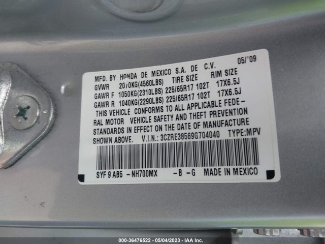 2009 HONDA CR-V EX VIN: 3CZRE38569G704040