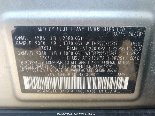 2011 SUBARU OUTBACK 2.5I LIMITED PWR MOON VIN: 4S4BRCKC8B3336905