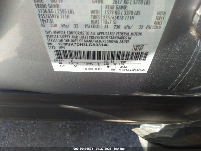 2020 FORD EXPLORER XLT VIN: 1FMSK7DH3LGA38146