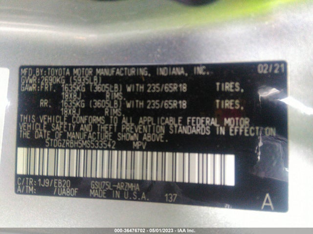 Toyota Highlander Xle 2021 5TDGZRBH5MS533542 Image 9