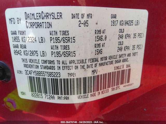 2005 CHRYSLER PT CRUISER TOURING VIN: 3C4FY58B55T585223