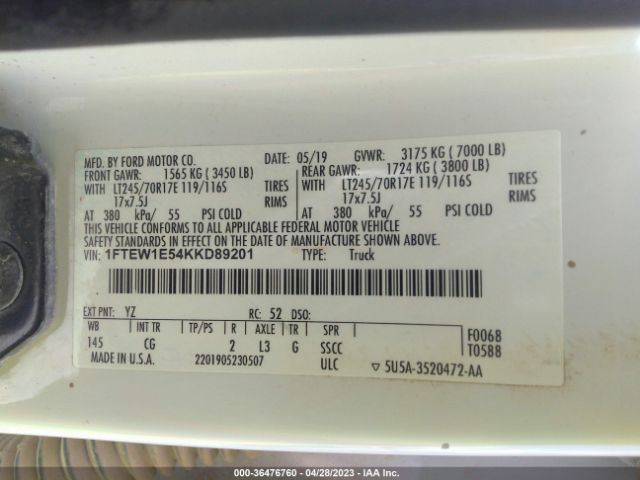 1FTEW1E54KKD89201 Ford F-150 Xl/xlt/lariat