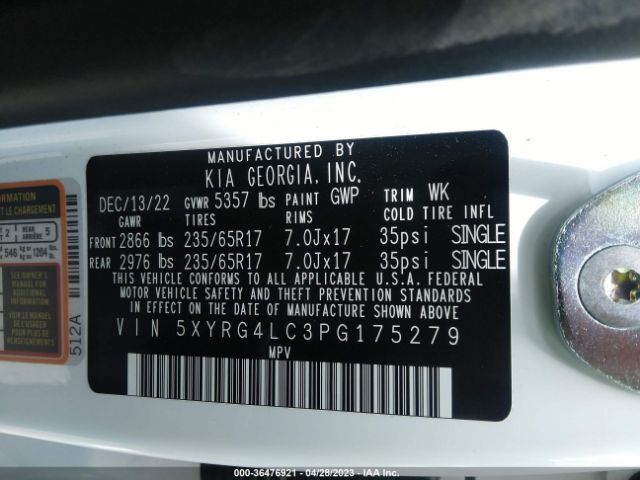 5XYRG4LC3PG175279 KIA SORENTO LX