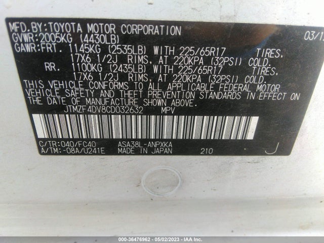 2012 TOYOTA RAV4 VIN: JTMZF4DV8CD032632