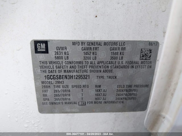Chevrolet Colorado Wt 2017 1GCGSBEN3H1295321 Image 9