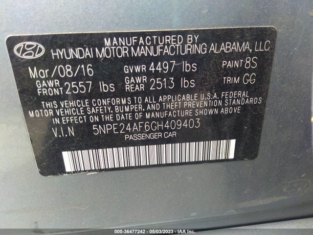 2016 HYUNDAI SONATA 2.4L VIN: 5NPE24AF6GH409403