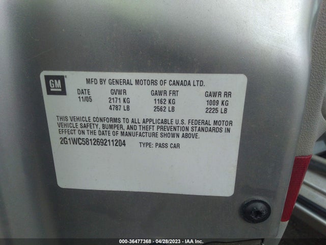 2006 CHEVROLET IMPALA LT 3.9L VIN: 2G1WC581269211204