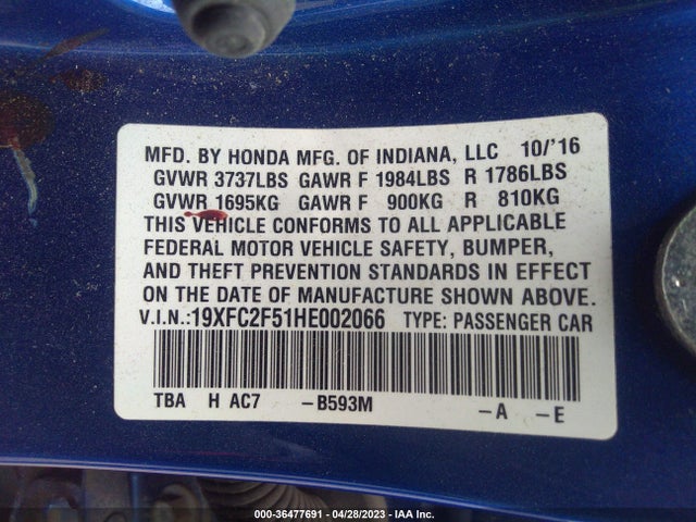 Honda Civic Sedan Lx 2017 19XFC2F51HE002066 Image 9