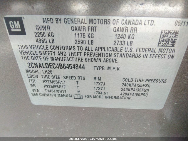 2011 CHEVROLET EQUINOX LT W/1LT VIN: 2CNALDEC4B6454344