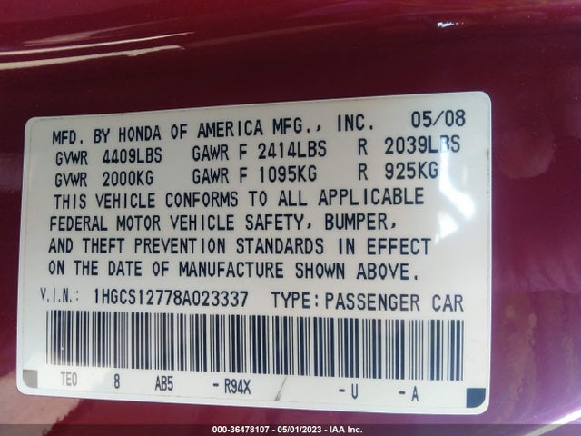 2008 HONDA ACCORD CPE EX VIN: 1HGCS12778A023337