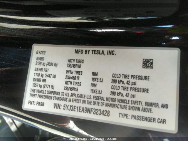 5YJ3E1EA9NF323428 Tesla MODEL 3