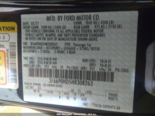3FA6P0HD5HR308263 Ford FUSION SE