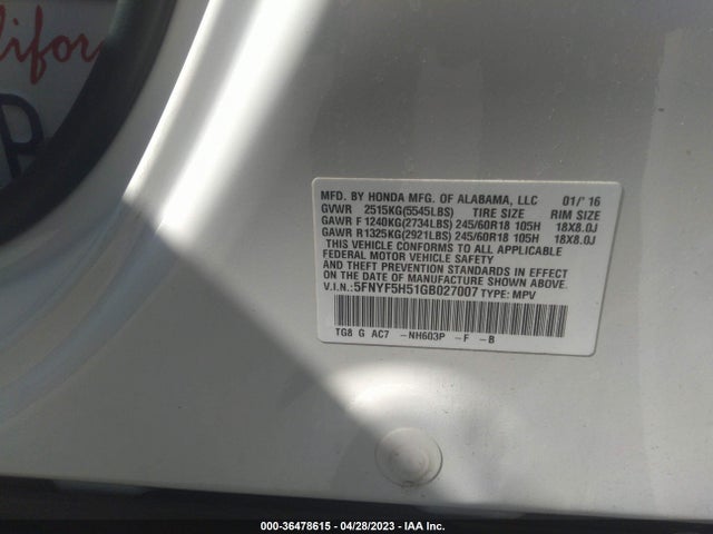 Honda Pilot Ex-l 2016 5FNYF5H51GB027007 Image 10
