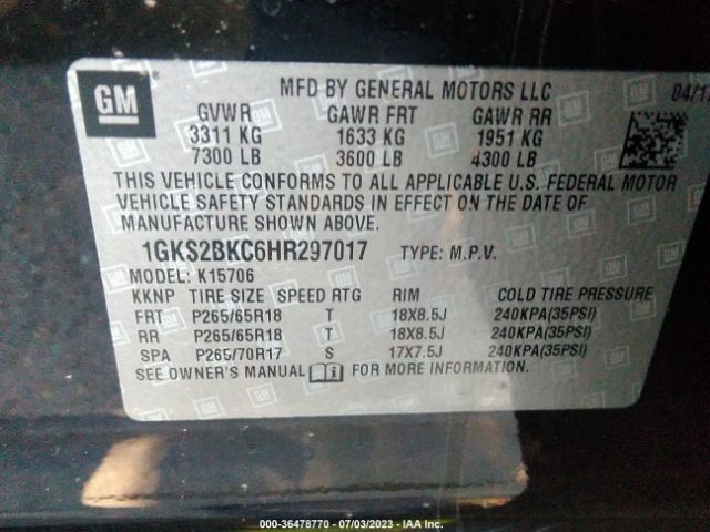1GKS2BKC6HR297017 GMC YUKON SLT