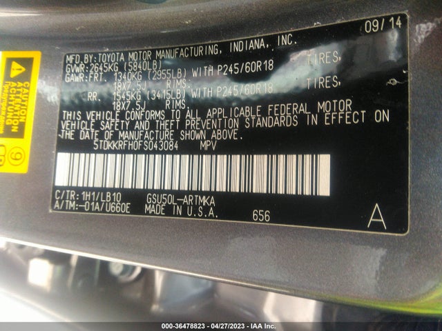 2015 TOYOTA HIGHLANDER XLE VIN: 5TDKKRFH0FS043084