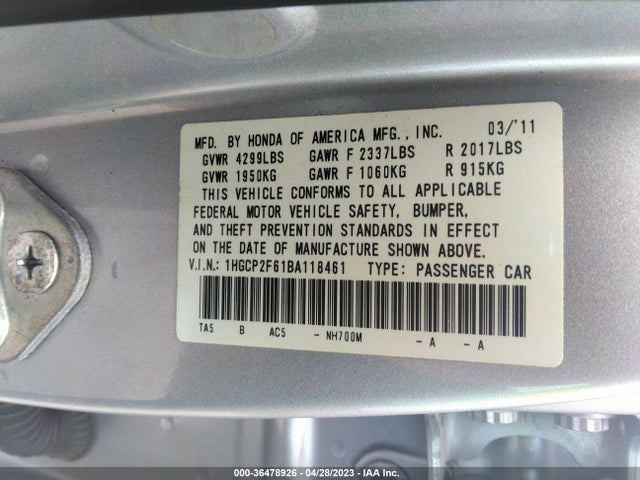 2011 HONDA ACCORD SDN SE VIN: 1HGCP2F61BA118461