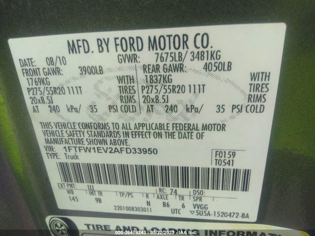 2010 FORD F-150 LARIAT/FX4/XL/XLT VIN: 1FTFW1EV2AFD33950