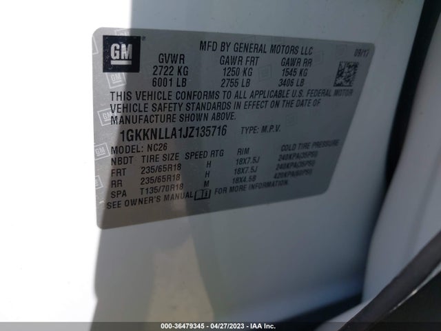 GMC ACADIA SLE 2018 1GKKNLLA1JZ135716 Image 10