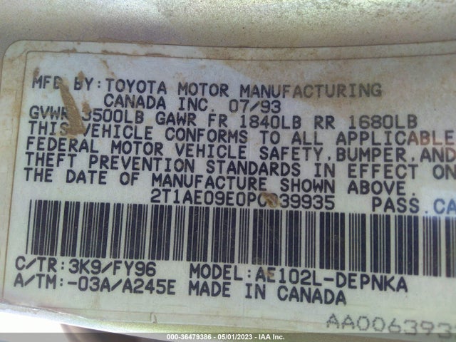 1993 TOYOTA COROLLA LE/DX VIN: 2T1AE09E0PC039935