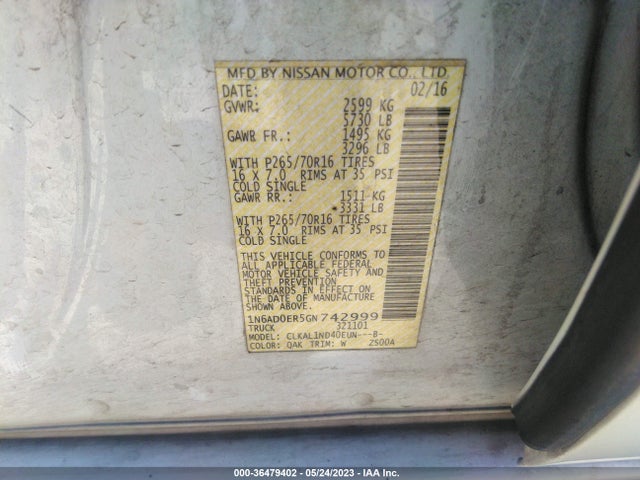 Nissan FRONTIER S 2016 1N6AD0ER5GN742999 Image 9