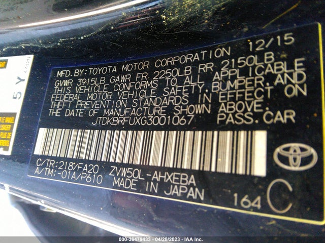 2016 TOYOTA PRIUS TWO VIN: JTDKBRFUXG3001067