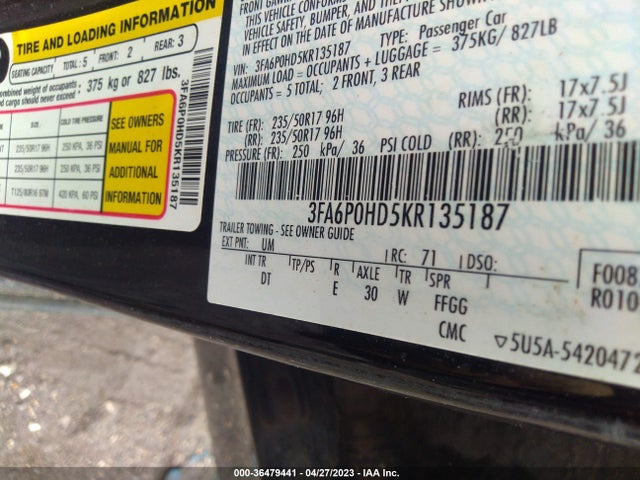 36479441 :رقم المزاد ، 3FA6P0HD5KR135187 vin ، 2019 Ford Fusion Se مزاد بيع