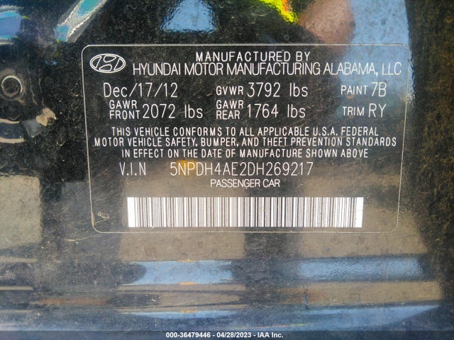 2013 HYUNDAI ELANTRA LIMITED VIN: 5NPDH4AE2DH269217