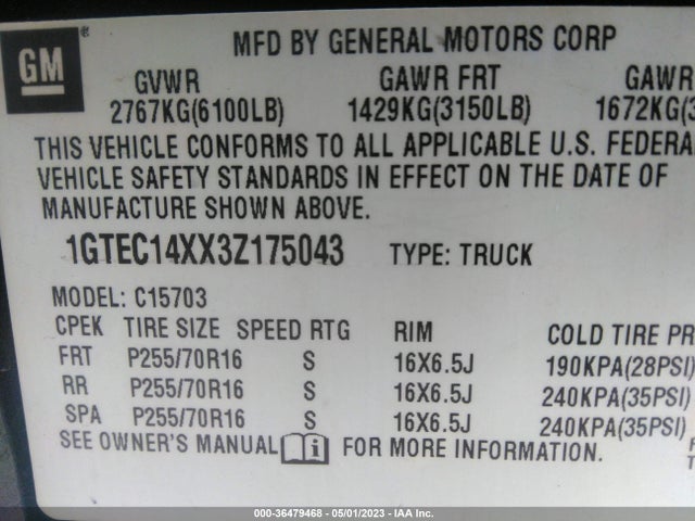 36479468 :رقم المزاد ، 1GTEC14XX3Z175043 vin ، 2003 Gmc Sierra 1500 Sle مزاد بيع