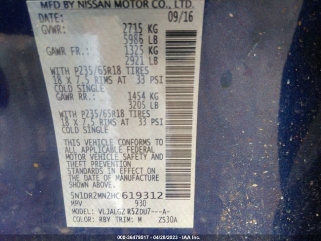 5N1DR2MN2HC619312 Nissan Pathfinder Sl