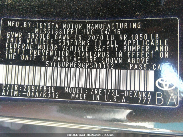 Toyota Corolla L/le/s/s Plus/le Plus 2016 5YFBURHE9GP509392 Image 9