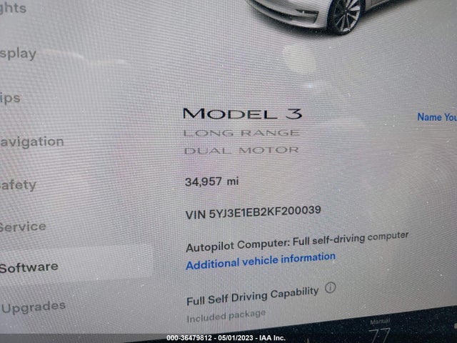 2019 TESLA MODEL 3 LONG RANGE/PERFORMANCE VIN: 5YJ3E1EB2KF200039