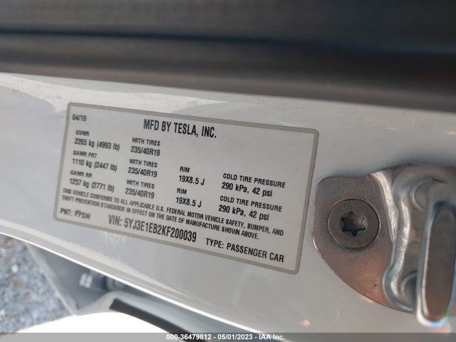 2019 TESLA MODEL 3 LONG RANGE/PERFORMANCE VIN: 5YJ3E1EB2KF200039