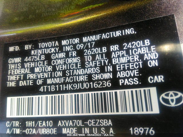Toyota CAMRY SE 2018 4T1B11HK9JU016236 Image 10