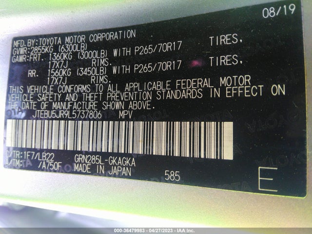 Toyota 4RUNNER SR5 2020 JTEBU5JR9L5737806 Image 9