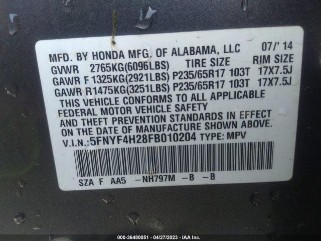 Honda PILOT LX 2015 5FNYF4H28FB010204 Image 9