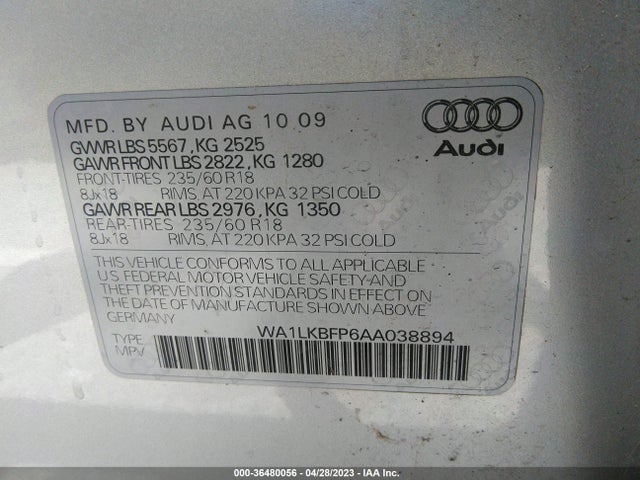 2010 AUDI Q5 PREMIUM PLUS VIN: WA1LKBFP6AA038894
