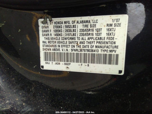 2007 HONDA ODYSSEY EX-L VIN: 5FNRL38797B036413