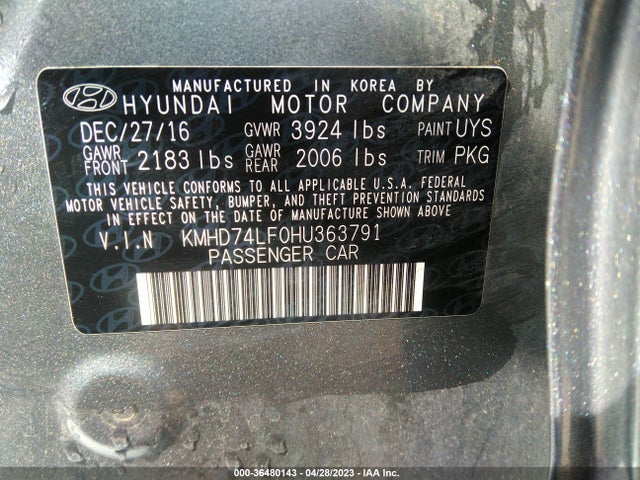 2017 HYUNDAI ELANTRA SE VIN: KMHD74LF0HU363791