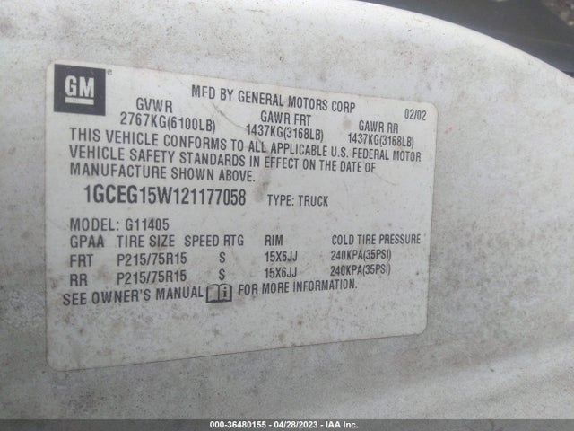 2002 CHEVROLET EXPRESS CARGO VAN VIN: 1GCEG15W121177058