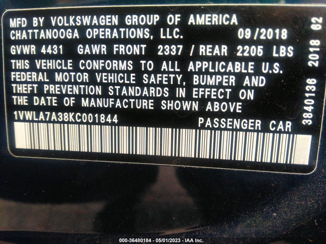 1VWLA7A38KC001844 Volkswagen Passat 2.0t Wolfsburg Edition