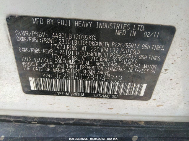 2011 SUBARU FORESTER 2.5X PREMIUM VIN: JF2SHADCXBH747719